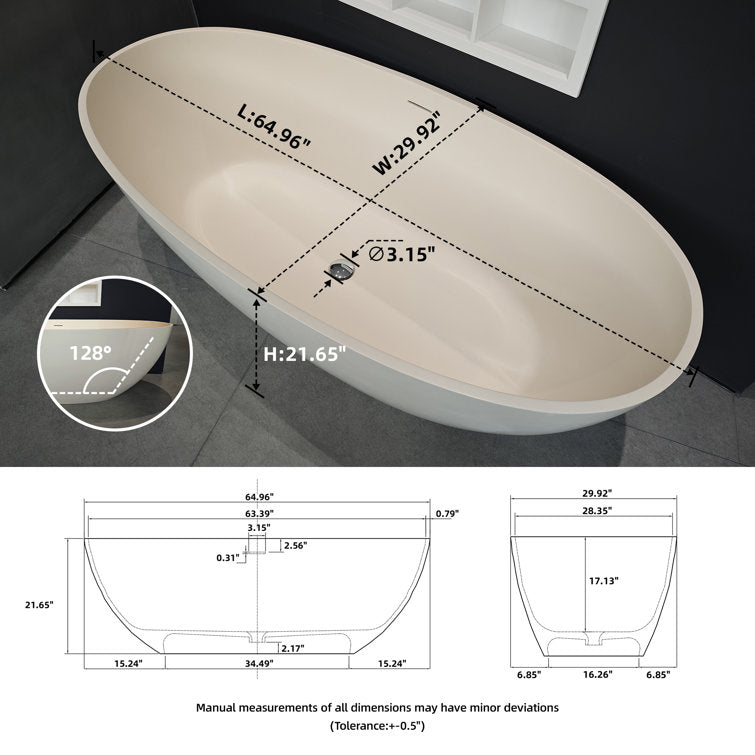 Lasaideal Creamy 65'' Freestanding Bathtub Solid Surface Stone Resin Soaking Tub