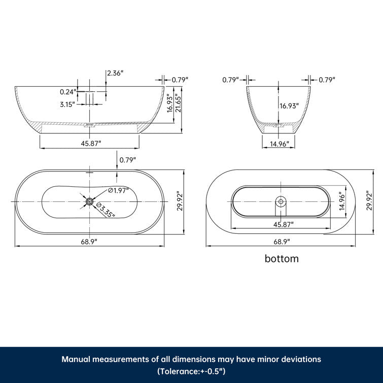 Lasaideal 69'' X 30'' Freestanding Bathtub Solid Surface Stone Resin Soaking Bathtub Transparent