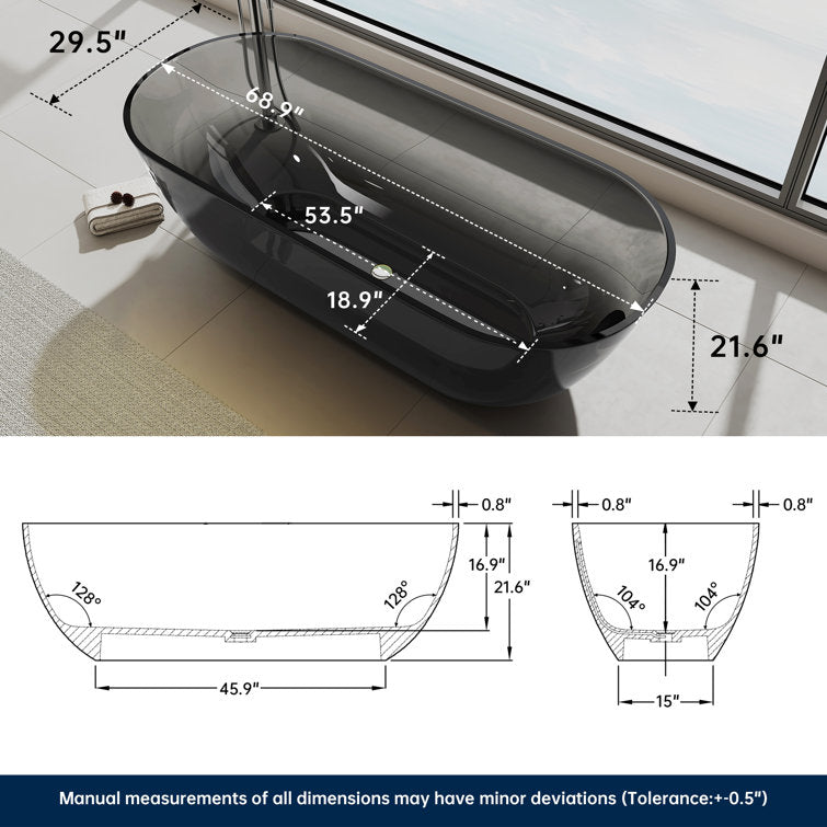 Lasaideal 69'' X 30'' Freestanding Bathtub Solid Surface Stone Resin Soaking Bathtub Transparent