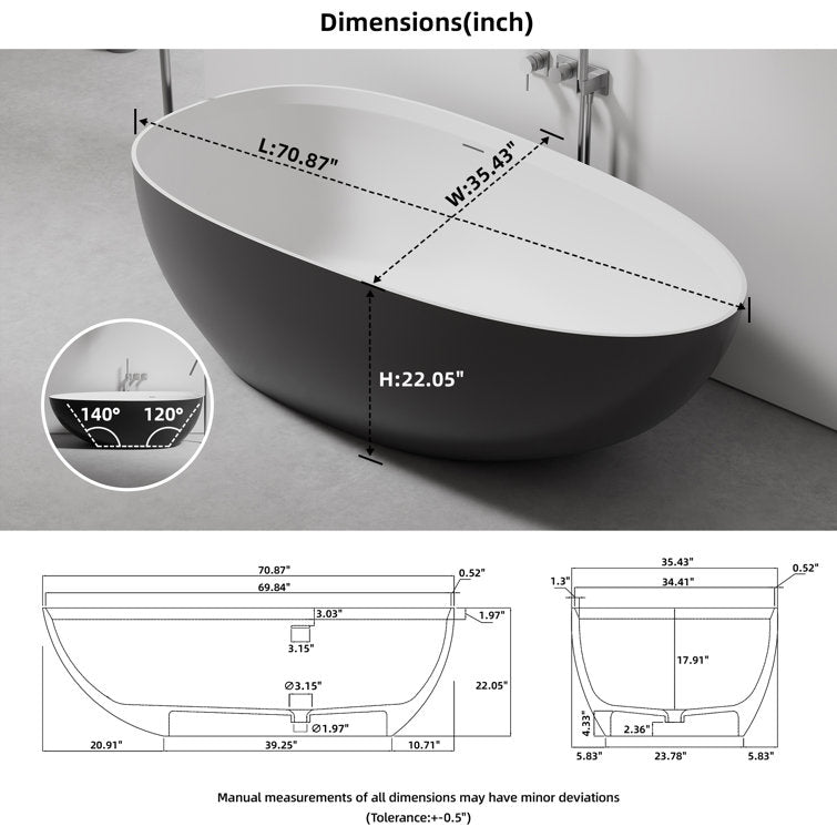 Lasaideal 71" Freestanding Tub Solid Surface Resin Stone Freestanding Soaking Bathtub