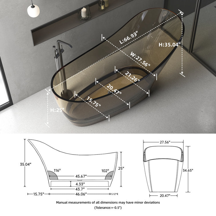 Lasaideal 67" x 30" Solid Surface Freestanding Slipper Soaking Bathtub