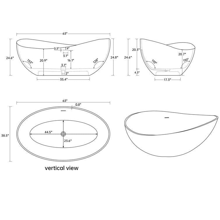 Lasaideal 63" Wavy Freestanding Tub Solid Surface Freestadning Stone Resin Soaking Bathtub
