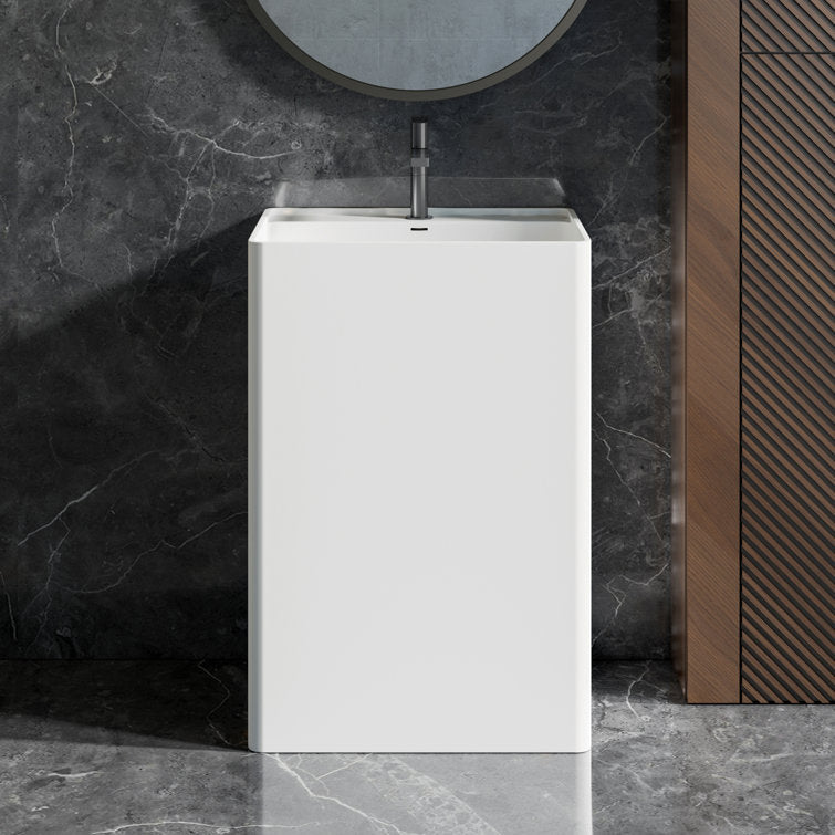 Lasaideal 34" Solid Surface Rectangular Freestanding Pedestal Bathroom Sink with Overflow