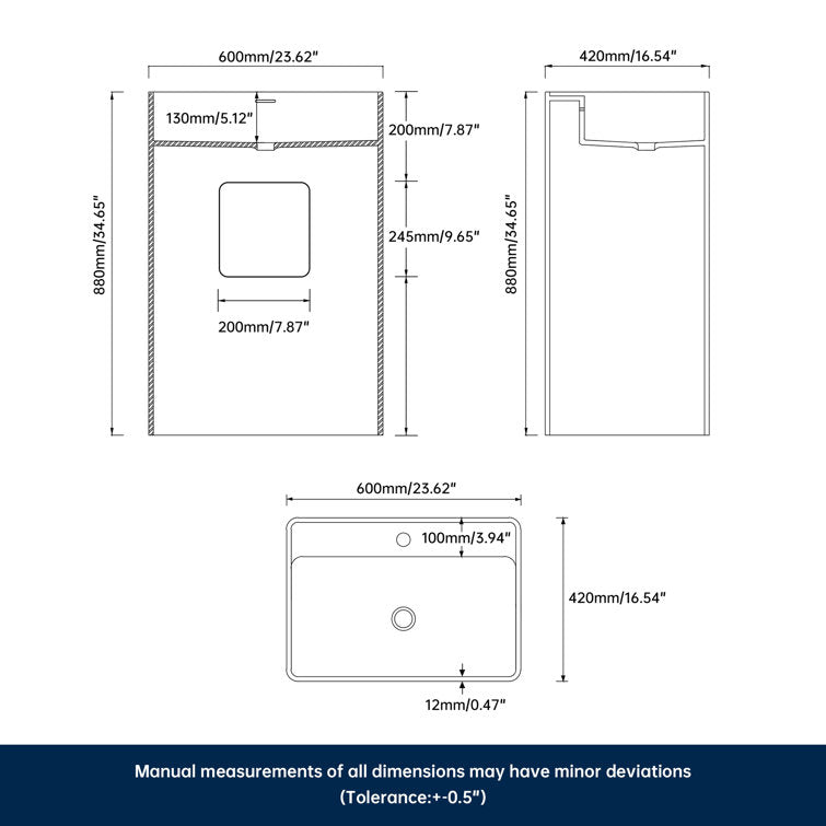 Lasaideal 34" Solid Surface Rectangular Freestanding Pedestal Bathroom Sink with Overflow