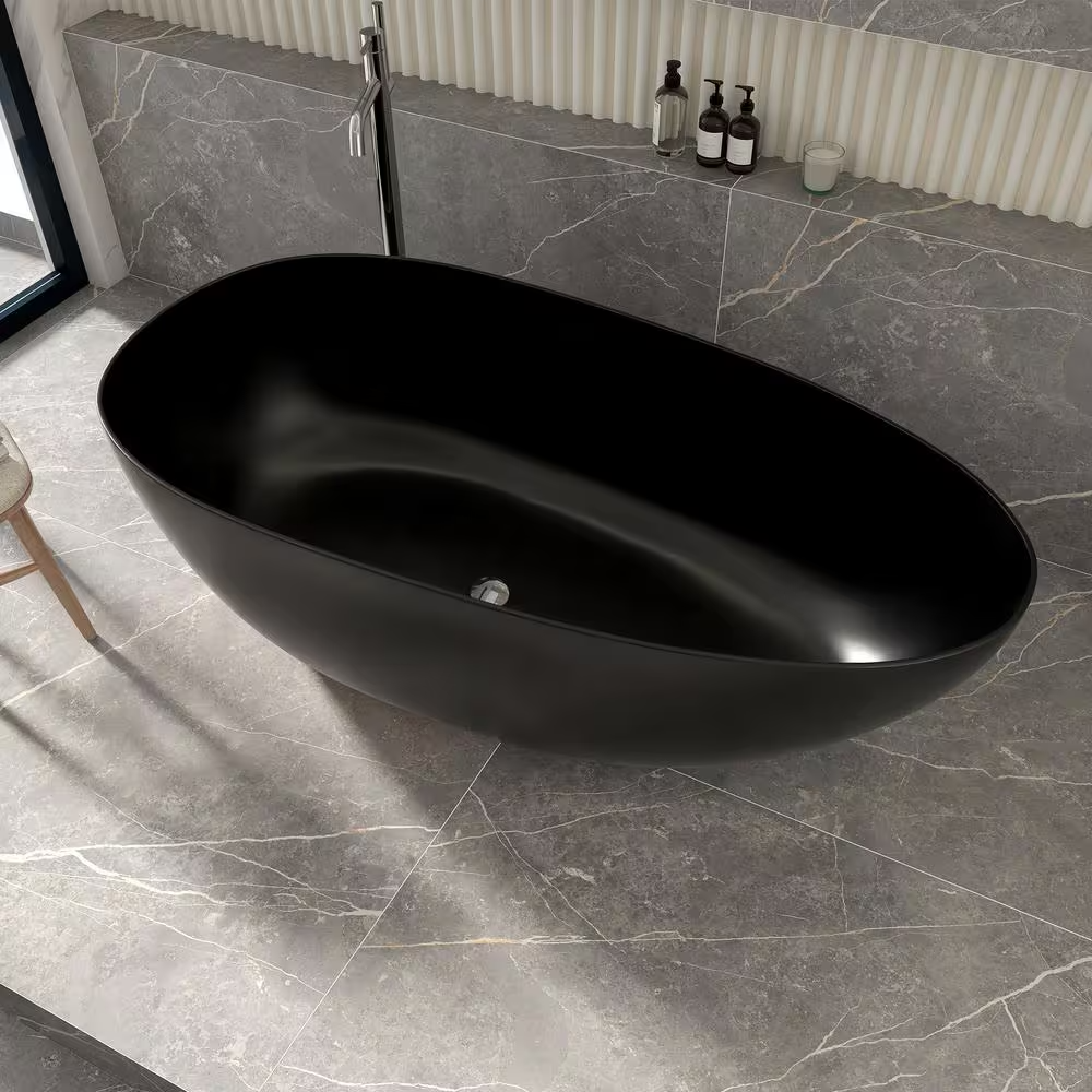 Lasaideal 67'' Stone Resin Solid Surface Matte Flatbottom Black Freestanding Soaking Bathtub