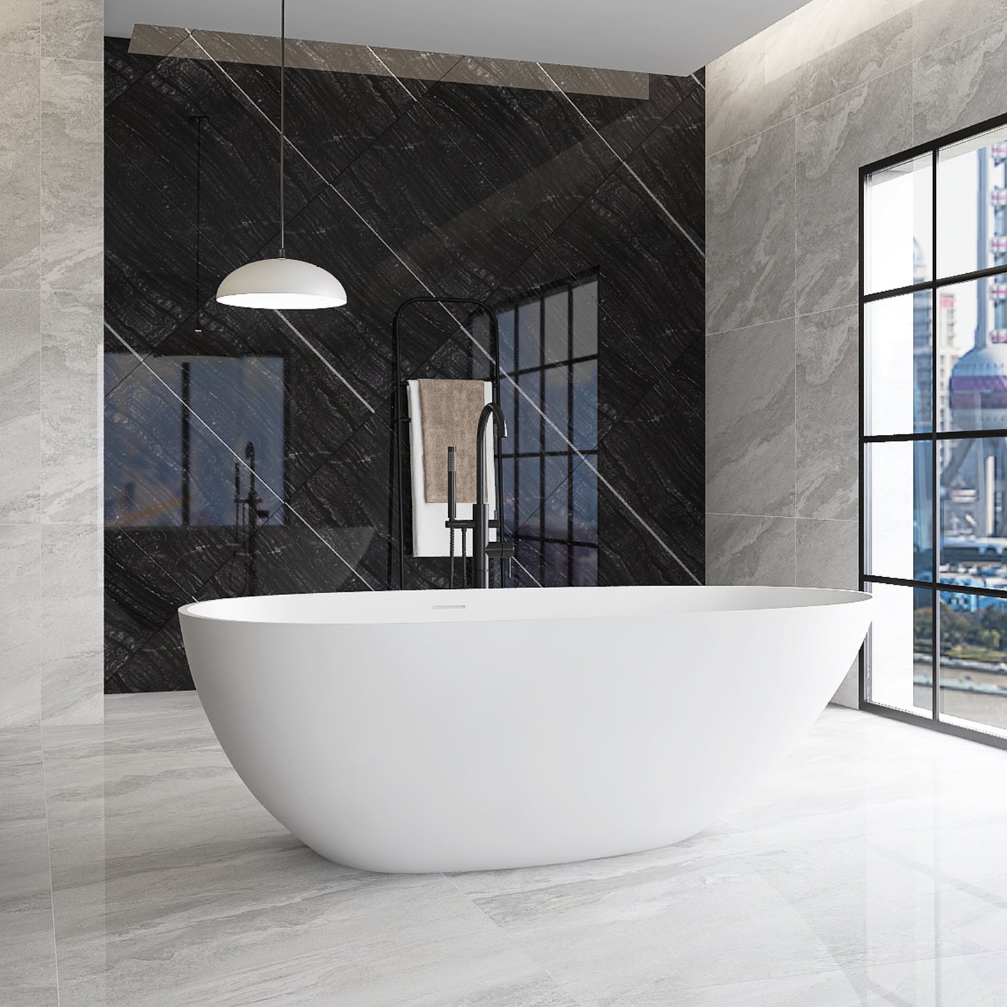 Lasaideal 67'' Stone Resin Solid Surface Matte Flatbottom Black Freestanding Soaking Bathtub
