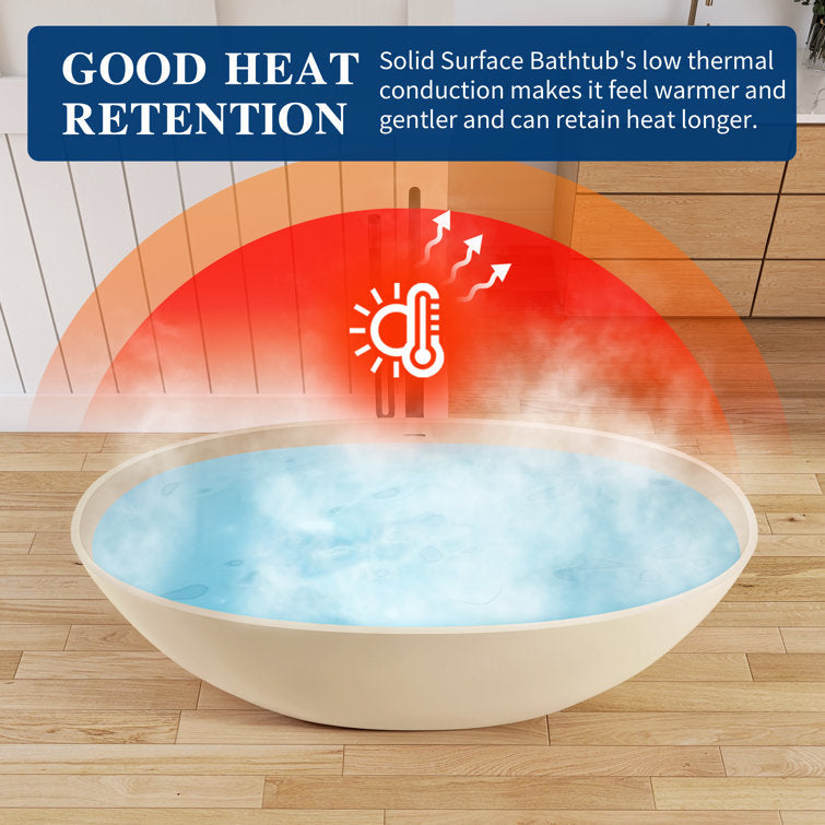 Lasaideal Creamy 65'' Freestanding Bathtub Solid Surface Stone Resin Soaking Tub