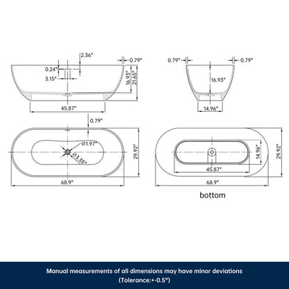 Lasaideal  69'' X 30'' Freestanding Bathtub Solid Surface Stone Resin Soaking Bathtub Transparent