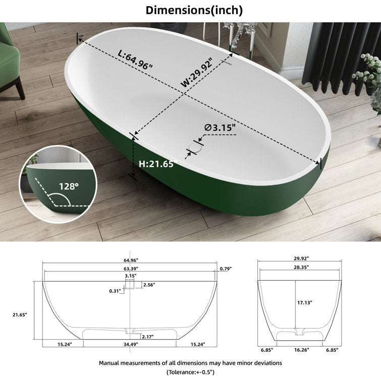 Lasaideal 65'' Oval Luxury Resin Stone Soaking Tub