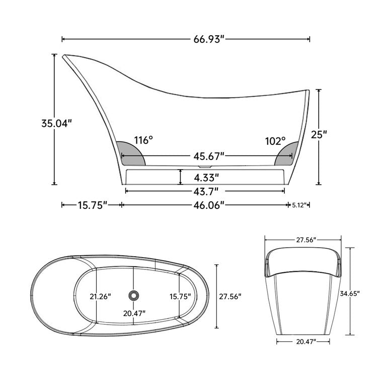 Lasaideal 67" x 30" Solid Surface Freestanding Slipper Soaking Bathtub