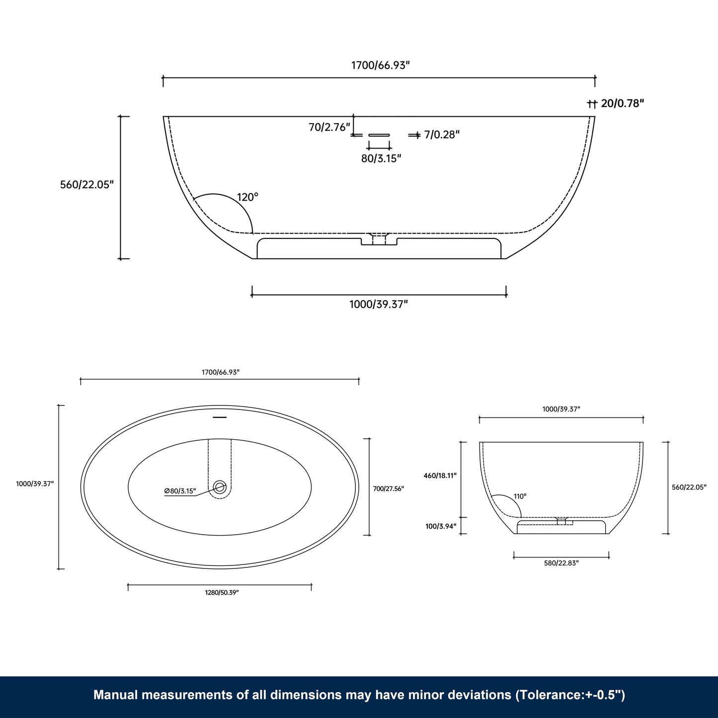 Lasaideal 67'' Solid Surface Freestanding Soaking Bathtub